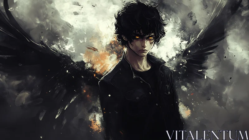 Dark winged figure with glowing eyes stands in smoke