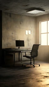 Sunlit minimalist office corner contrasts decay and precision