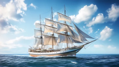 Four-masted barque under full sail on calm ocean in daylight