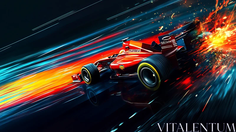 Rocket-red formula racer shredding neon nighttrack trails.