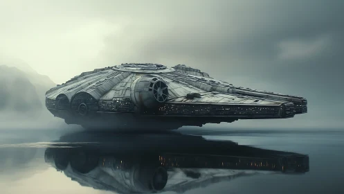 Futuristic cargo starship hovers low above misty reflective lake