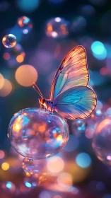 Iridescent butterfly poised on glowing bokeh bubbles.