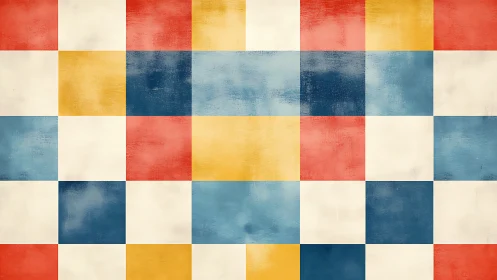 Grid of distressed colored squares forms abstract pattern