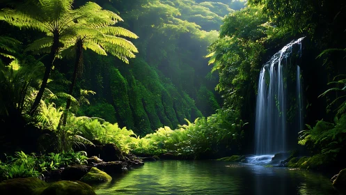 Lush rainforest waterfall with ferns in luminous backlight.