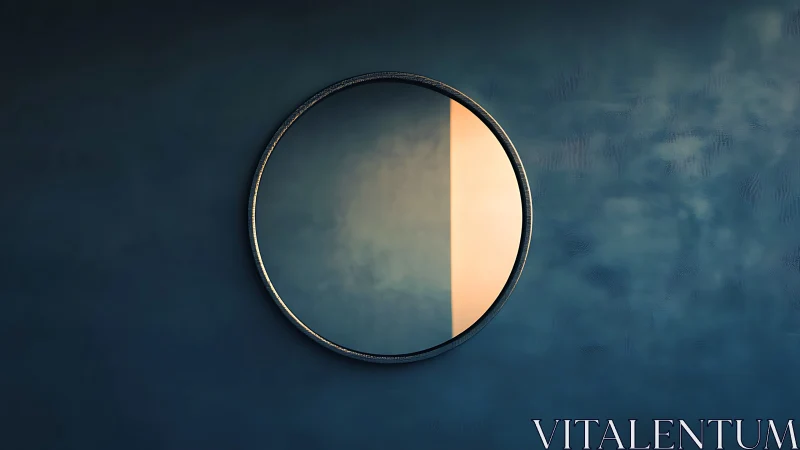 Circular wall mirror reflects warm light on moody blue wall