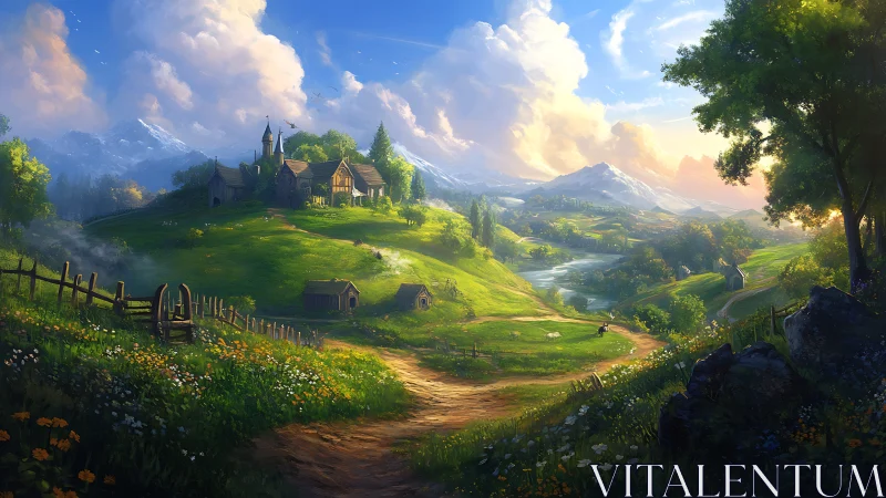 Luminous alpine valley landscape with clustered hilltop village.