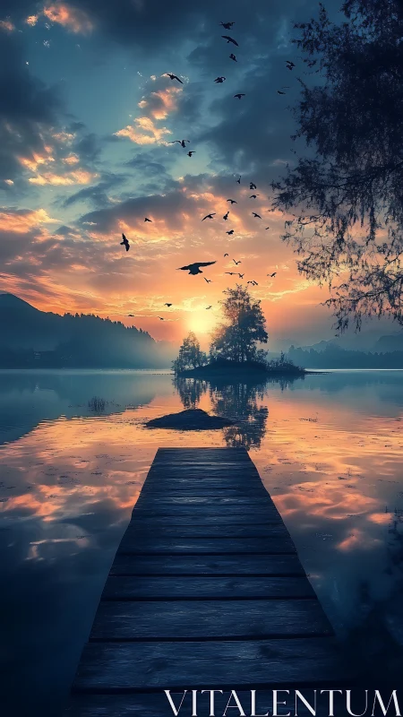 Wooden lakeside pier facing island at dusk with birds above.