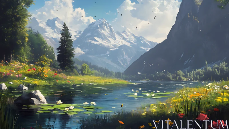 Alpine daydream lake cradled by wildflowers and snow peaks.