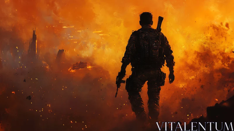 Heavily armed soldier advances through high-intensity urban firestorm