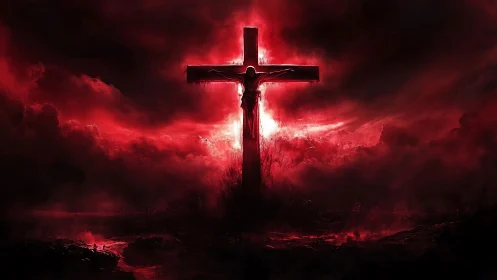 Cruciform silhouette against dense red storm cloud field.