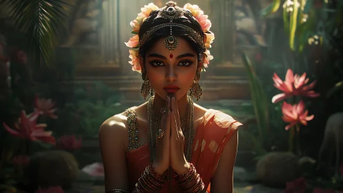 Woman in traditional attire seated in lotus garden setting.