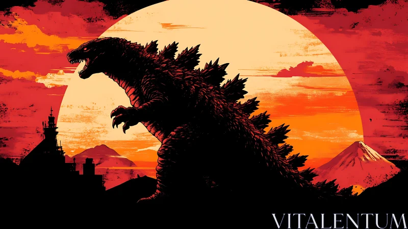 Colossal reptile silhouette dominates burning sunset sky.