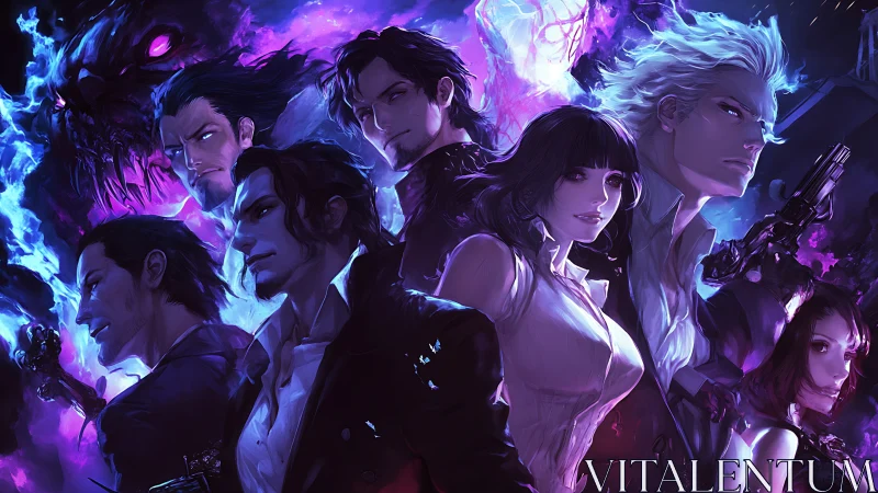 Neon-lit vigilantes stand united against spectral flames.