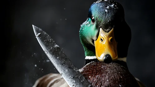 Mallard drake close-up with large knife in foreground.