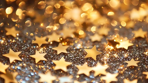 Golden star confetti lies on silver glittered surface