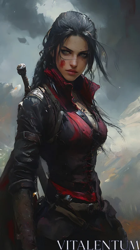 Fierce rogue heroine standing bold in stormy twilight.