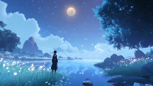 Solitary figure under crescent moon beside luminous lake.