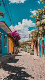 Sunstruck cobblestone lane with turquoise walls and blooms.