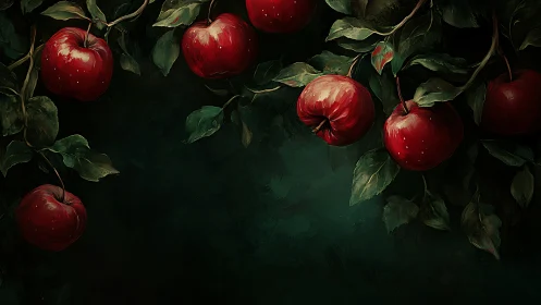 Ripe red apples glowing softly against deep forest green.