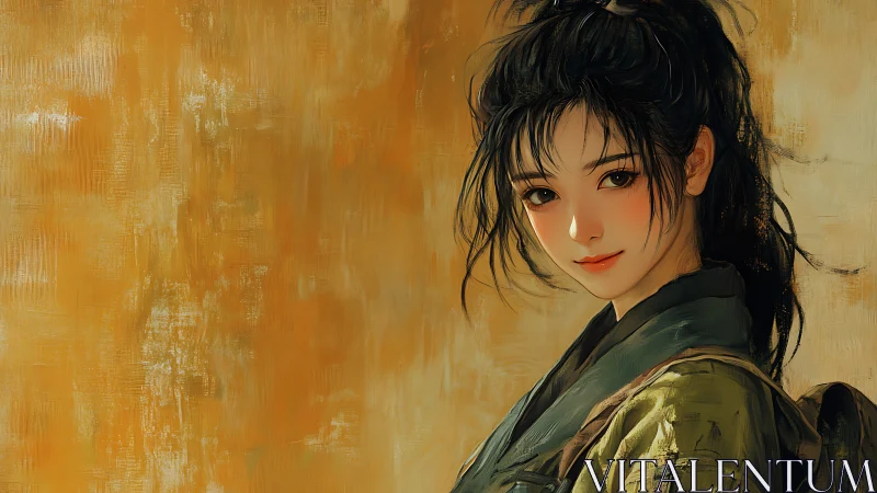 Digital portrait of young woman in muted warm setting.