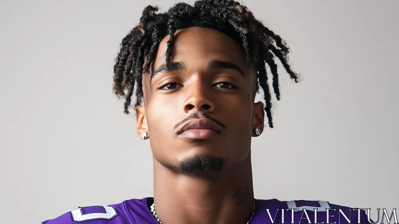 Confident young athlete gazes forward in bold purple jersey