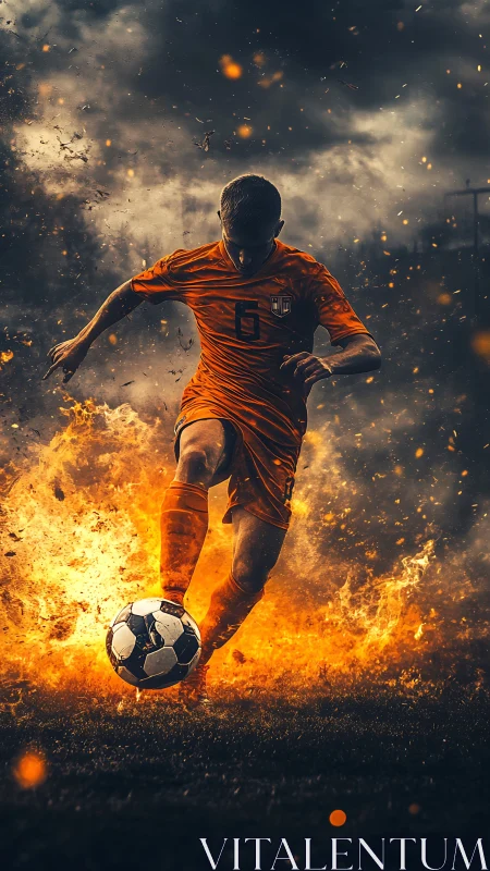 Volcanic midfield striker in dynamic pyro-lumetric motion.
