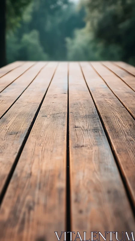Wooden deck planks with forest background in perspective.
