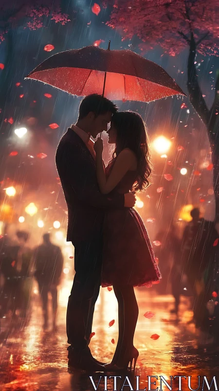 Couple kissing under red umbrella in rain