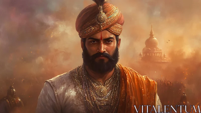 Digital painting of regal warrior king amid fiery battleground.