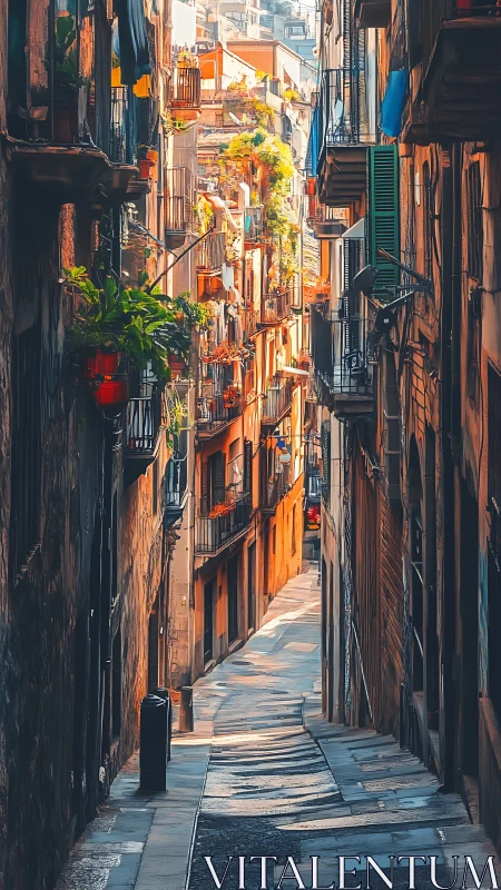 Narrow European alleyway curves between tall, sunlit buildings