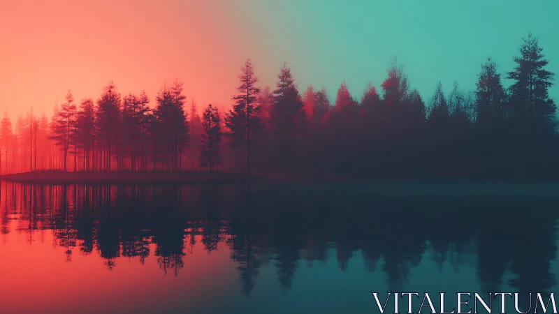 Dreamlit forest shoreline mirrored in neon dusk glow.