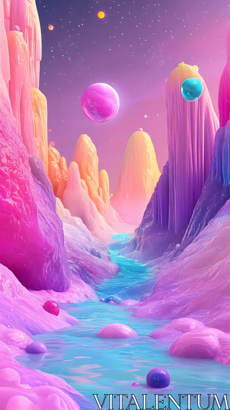 Pastel alien canyon channels glowing liquid under floating orbs