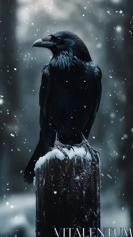 Calm black raven resting on a snowy post in winter hush.
