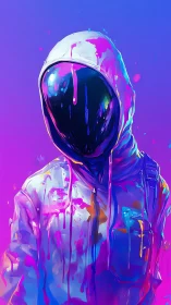 Hooded figure with reflective visor stands in neon gradients