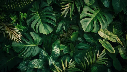 Dense arrangement of tropical foliage leaves in shadowed light.