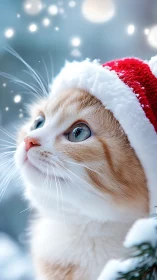 Snowlit Santa kitten gazes into swirling winter wishes.