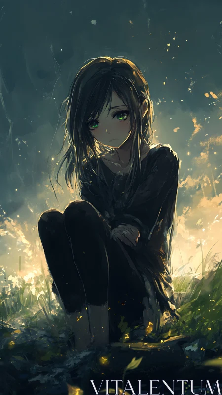 Backlit girl in wet grass rendered with luminous rim lighting