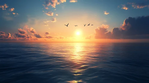 Photorealistic seascape sunrise with aerial bird silhouette band.
