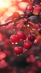 Raindrop-covered cherries glow against defocused sunset bokeh