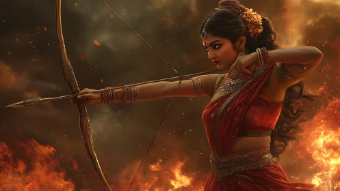 Fiery archer goddess poised amid swirling embers and smoke.