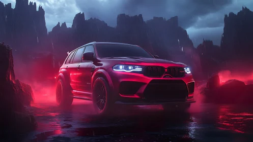 Crimson SUV cutting through stormy neon dusk roads.