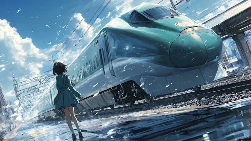 Wind-tossed girl meets emerald bullet train in shining rain.