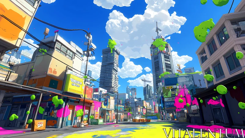 Vibrant urban street erupts in neon paint under clear skies.
