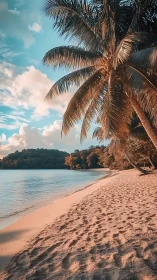 Palm Tree Beach Scene With Tropical Coastline and Clear Sky