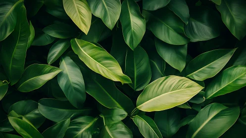 Lush tropical foliage in layered emerald green tones.