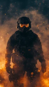 Armored tactical operator emerging through incendiary haze.