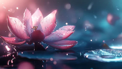 Gentle pink lotus opens softly above dreamy blue water