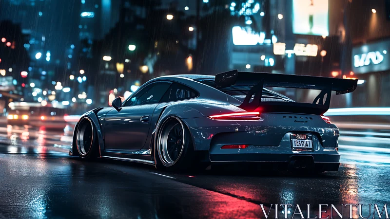 Widebody Porsche races through neon city streets at night.