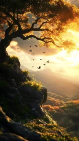 Golden sunset crowns a lonely cliff tree in soft light