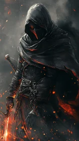 Ashen reaper cloaked in emberlit shadow and burning steel.